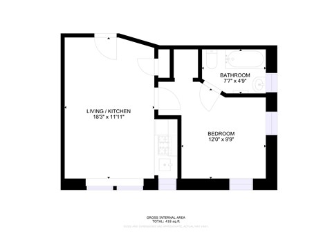 Floor plan for 1 bed, 1 bath, 418 sqft